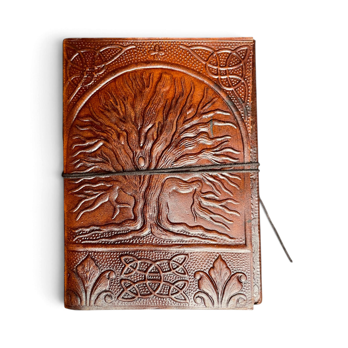Tree of Life journal in genuine leather – front cover with embossed tree of life and knot pattern, Himalaya Vibes Bern
