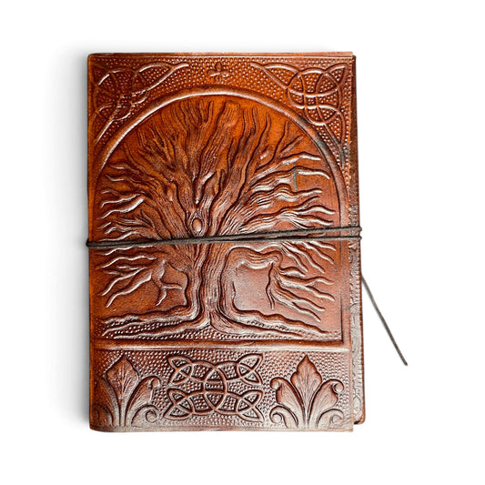Tree of Life journal in genuine leather – front cover with embossed tree of life and knot pattern, Himalaya Vibes Bern