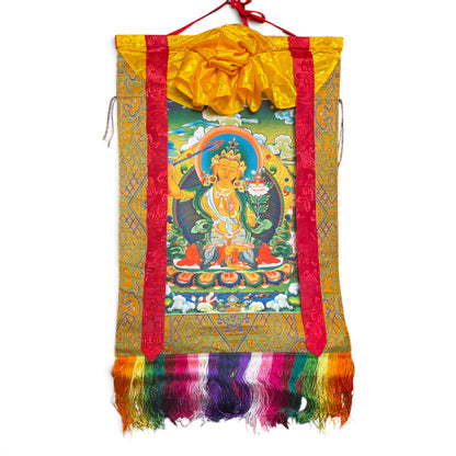 Rotolo thangka Manjushri con broccato e frange, 46 x 79 cm, vista d'insieme