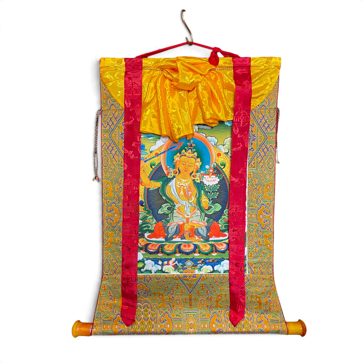 Rouleau thangka Manjushri avec brocart, vue d'ensemble 61 x 71 cm – Himalaya Vibes
