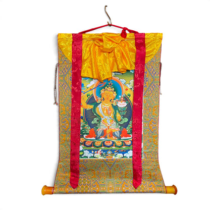 Rouleau thangka Manjushri avec brocart, vue d'ensemble 61 x 71 cm – Himalaya Vibes