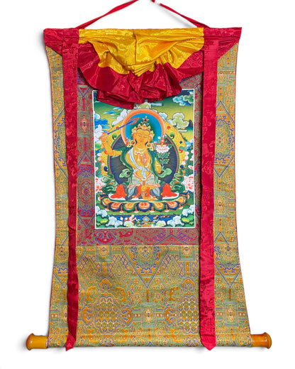 Rouleau thangka Manjushri avec brocart et barre, 73 x 95 cm, vue d'ensemble