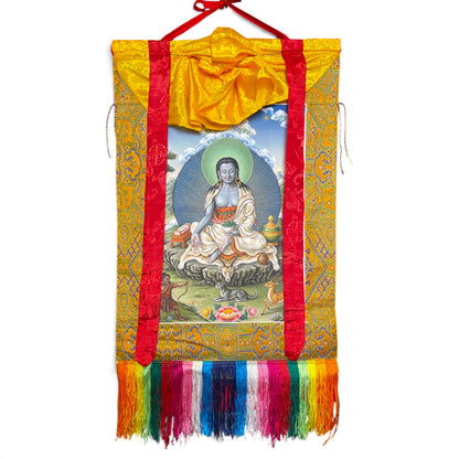 Rouleau thangka Milarepa avec brocart, vue d'ensemble 44 x 79 cm – Himalaya Vibes