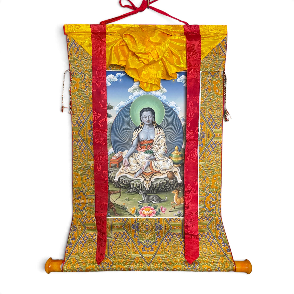 Milarepa thangka scroll with brocade and rod, 61 x 71 cm, full view