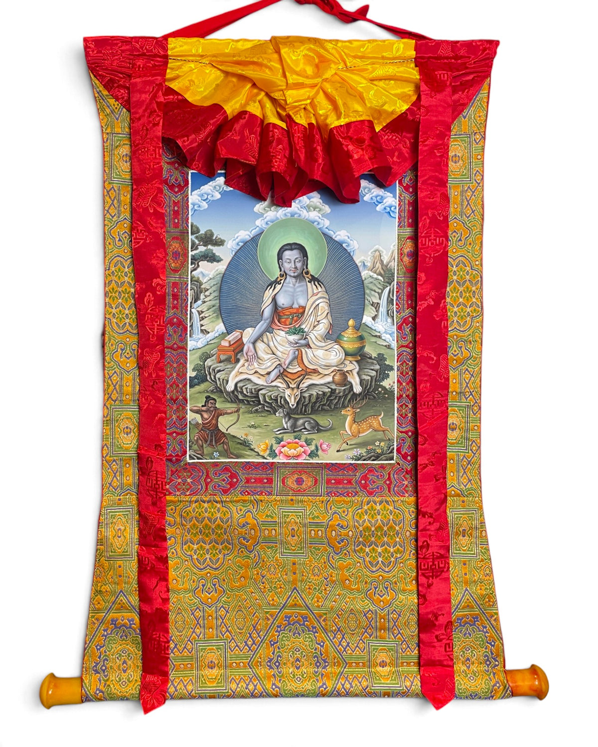 Milarepa thangka scroll with brocade and rod, 73 x 95 cm, full view
