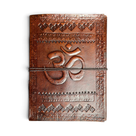 Om leather journal – front cover with embossed Om symbol, Himalaya Vibes Bern