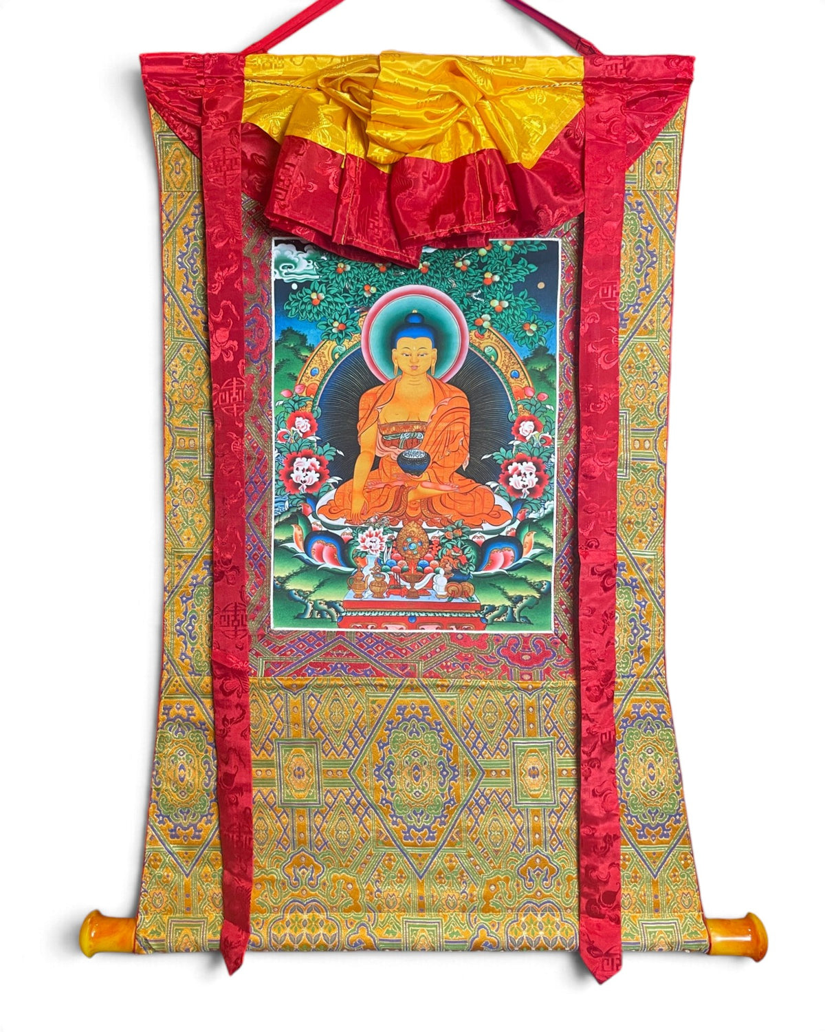 Rouleau thangka Bouddha Shakyamuni avec brocart et barre, 73 x 95 cm, vue d'ensemble