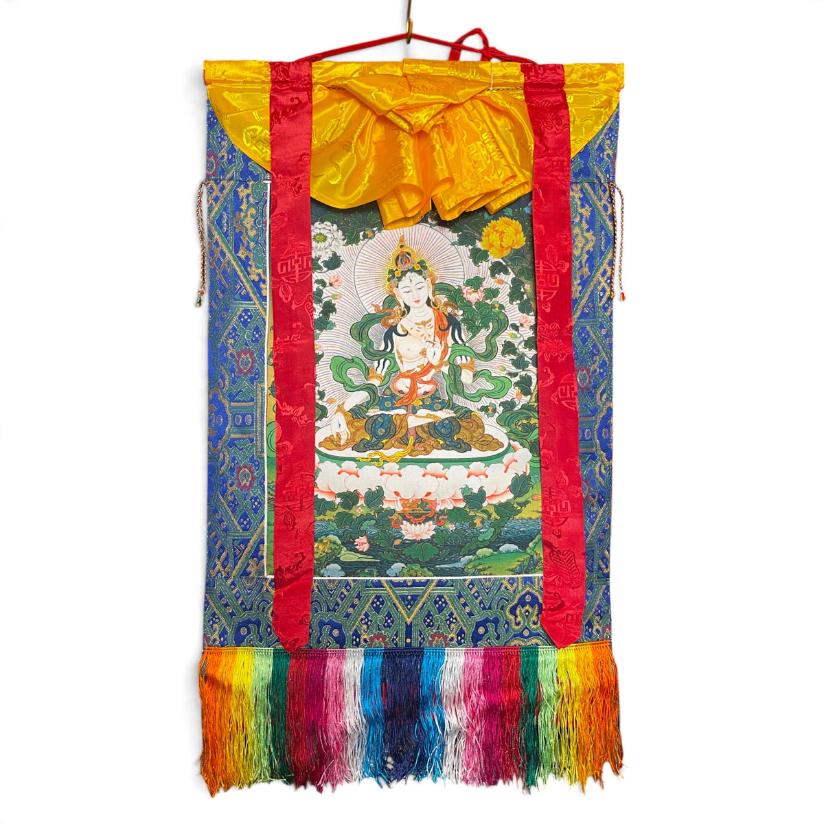 Rotolo thangka Tara bianca con broccato e frange, 44 x 79 cm, vista d'insieme