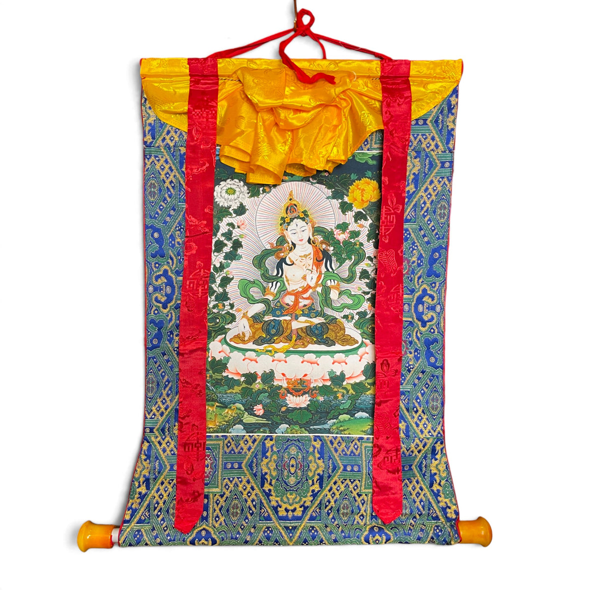 Rotolo thangka Tara Bianca con broccato, vista completa 61 x 71 cm – Himalaya Vibes