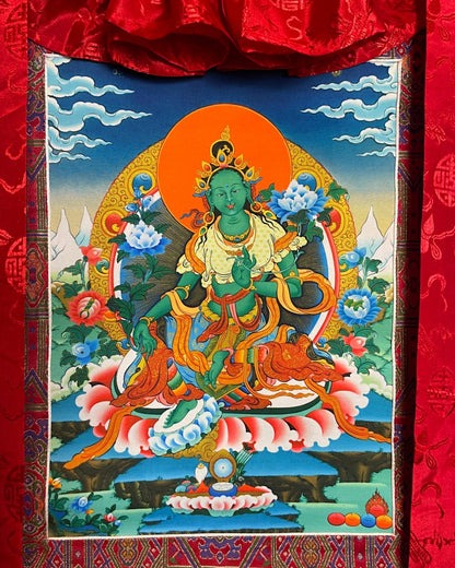 Green Tara thangka, close-up of the motif with peonies and lotus throne