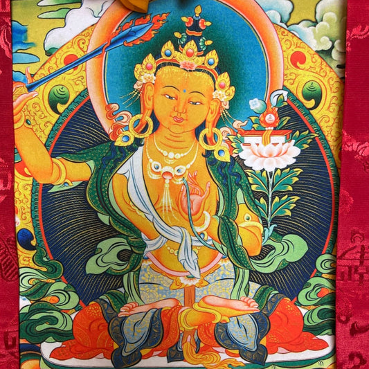 Thangka Manjushri, gros plan de Manjushri avec l'épée de flammes – Himalaya Vibes
