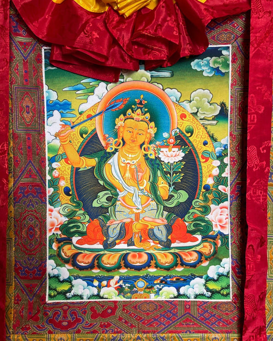 Manjushri mit Flammenschwert und Lotus mit Weisheitsbuch, Nahaufnahme des Thangka-Motivs