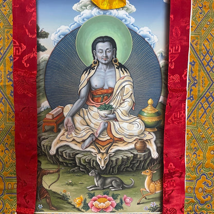 Milarepa thangka, close-up of the motif with hunter, deer and dog