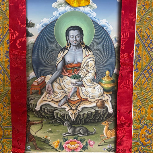 Milarepa Thangka, Nahaufnahme des Motivs mit Jäger, Hirsch und Hund