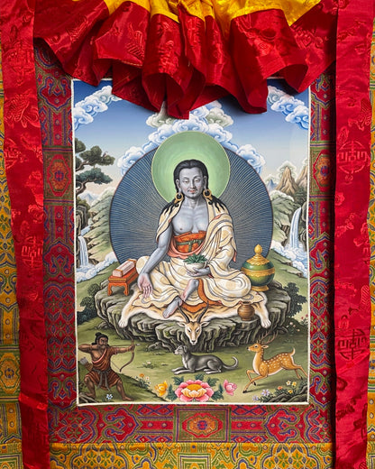 Milarepa with nettle bowl, hunter, dog and deer, close-up of the thangka motif