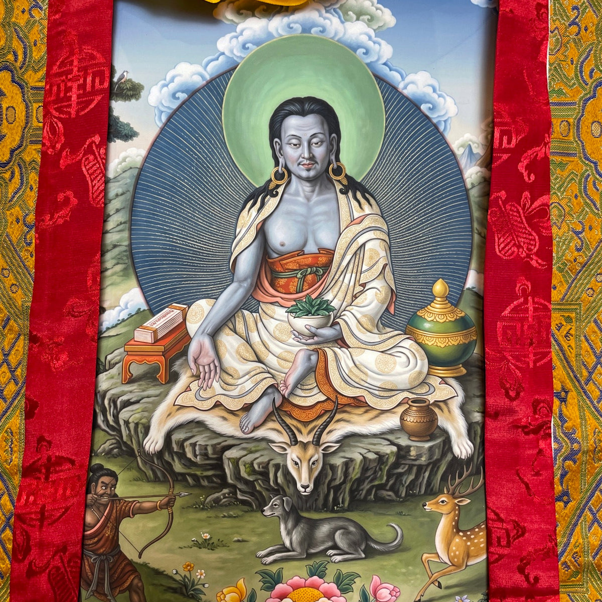 Thangka Milarepa, gros plan du motif avec le chasseur, le chien et le cerf – Himalaya Vibes