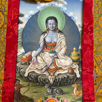 Thangka Milarepa, gros plan du motif avec le chasseur, le chien et le cerf – Himalaya Vibes