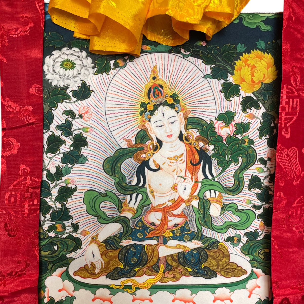Thangka Tara Bianca, primo piano della Tara Bianca (Drölkar) – Himalaya Vibes