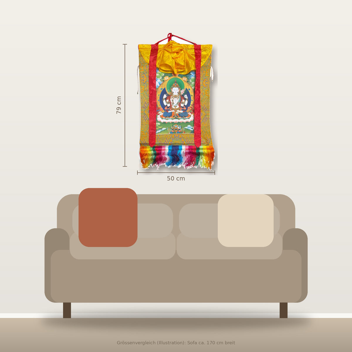 Thangka Chenrezig 50 x 79 cm au-dessus du canapé, comparaison de taille dans la pièce
