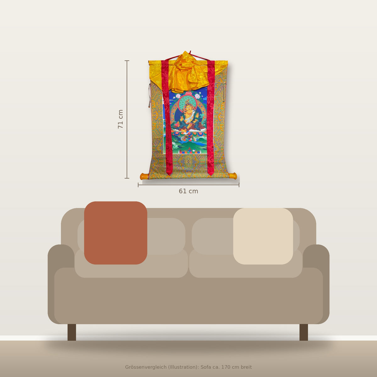 Thangka Dzambhala 61 x 71 cm, comparaison de taille au-dessus du canapé – Himalaya Vibes