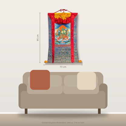 Green Tara thangka 73 x 95 cm, size comparison with a sofa