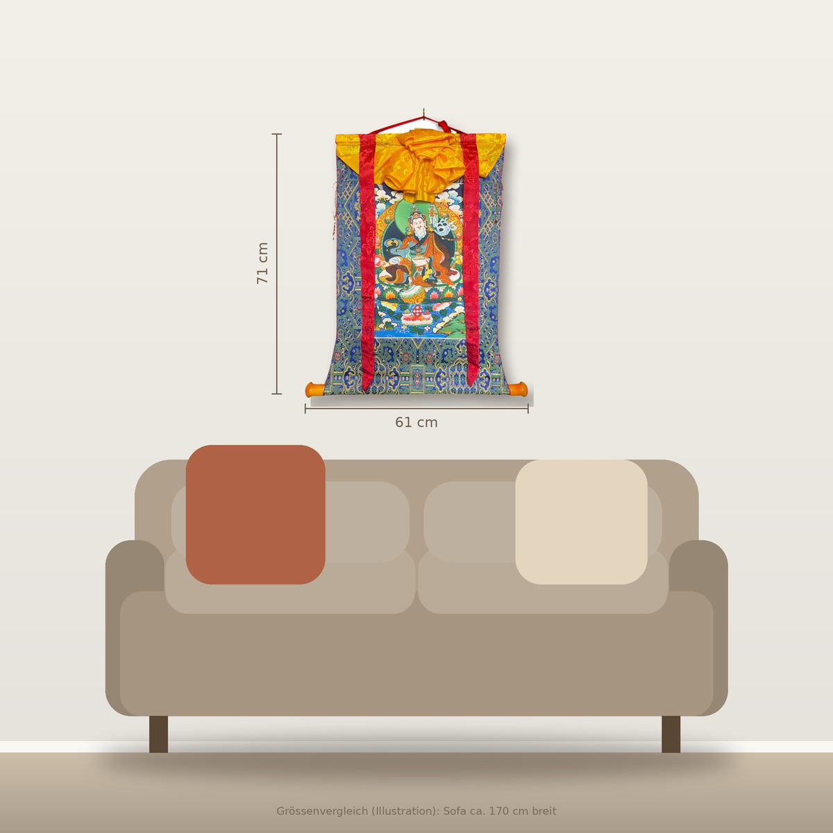 Thangka Guru Rinpoche 61 x 71 cm, confronto delle dimensioni sopra il divano – Himalaya Vibes