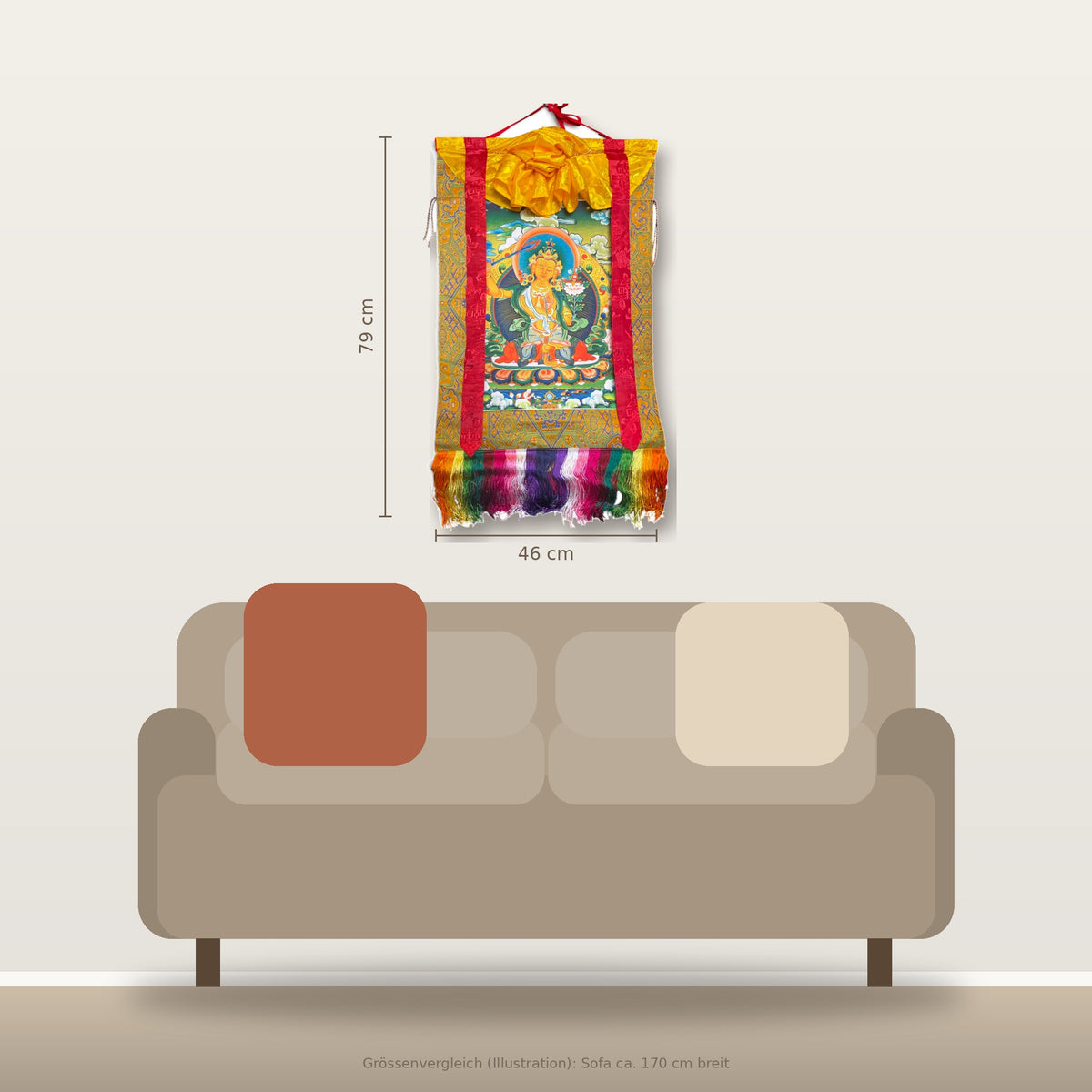 Thangka Manjushri 46 x 79 cm sopra il divano, confronto delle dimensioni nella stanza
