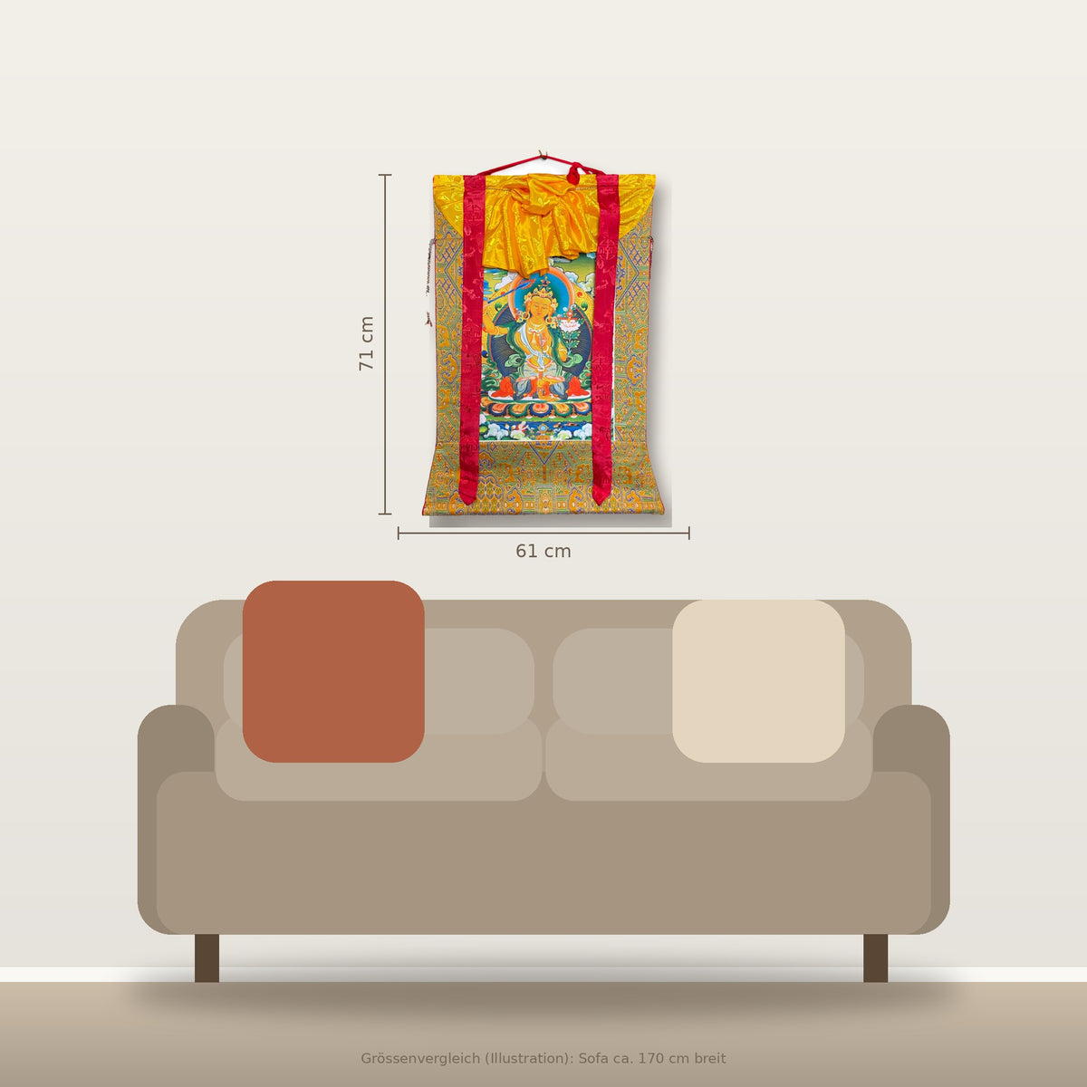 Thangka Manjushri 61 x 71 cm, comparaison de taille au-dessus du canapé – Himalaya Vibes