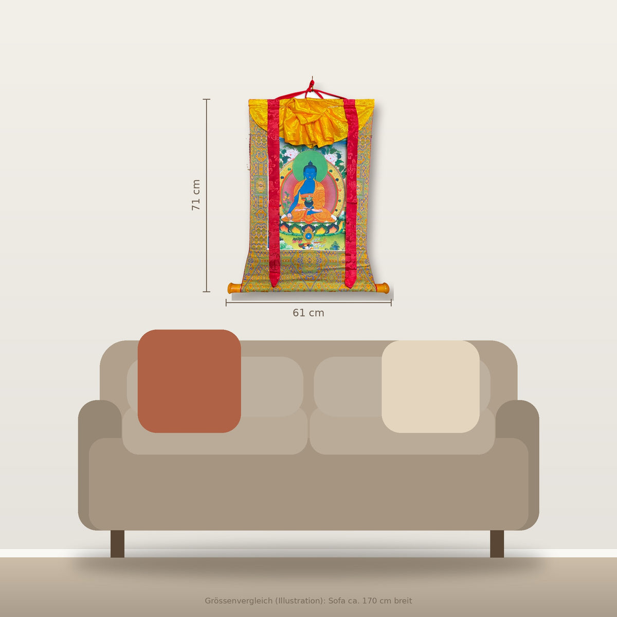Thangka Buddha della Medicina 61 x 71 cm, confronto delle dimensioni sopra il divano – Himalaya Vibes