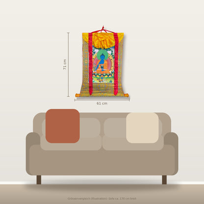 Thangka Buddha della Medicina 61 x 71 cm, confronto delle dimensioni sopra il divano – Himalaya Vibes