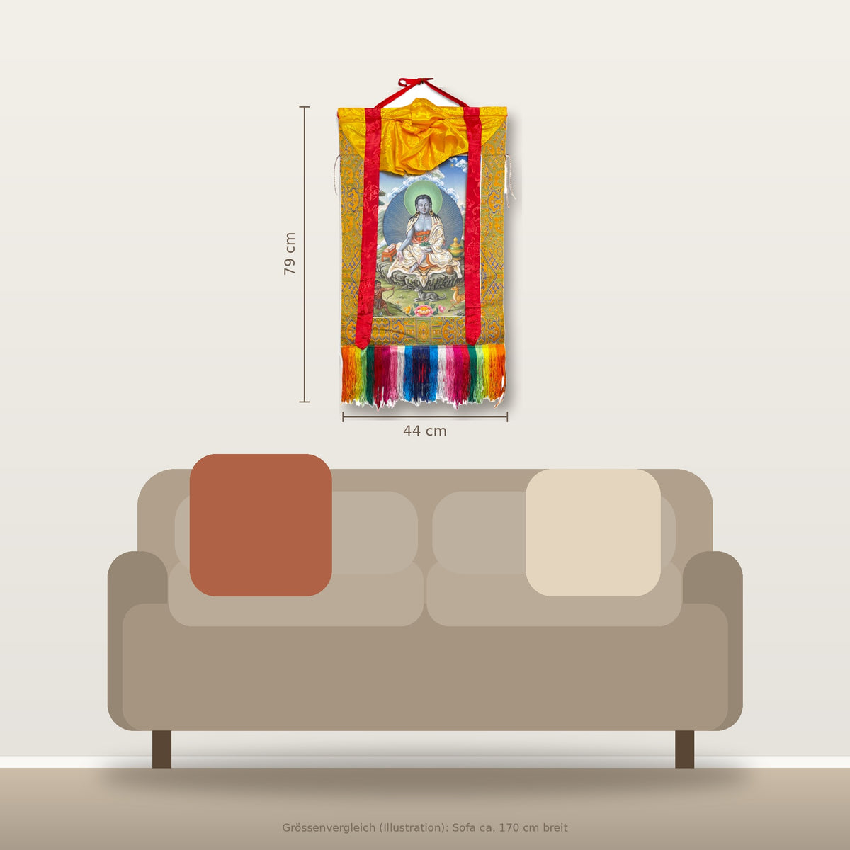 Thangka Milarepa 44 x 79 cm, comparaison de taille au-dessus du canapé – Himalaya Vibes