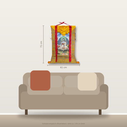 Milarepa thangka 61 x 71 cm, size comparison with a sofa