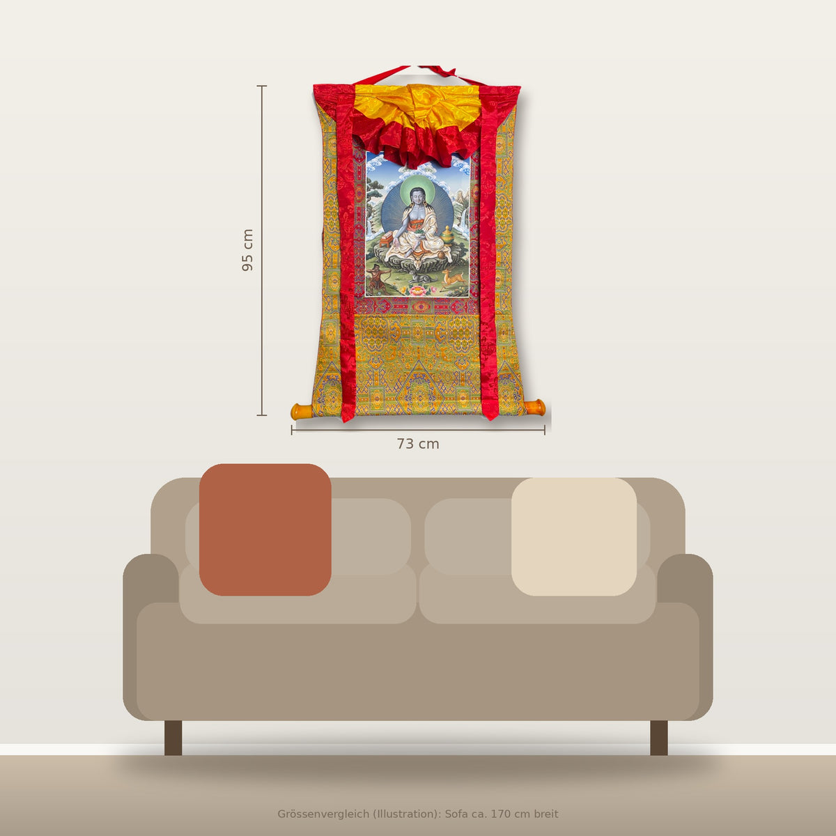 Milarepa thangka 73 x 95 cm size comparison above a sofa
