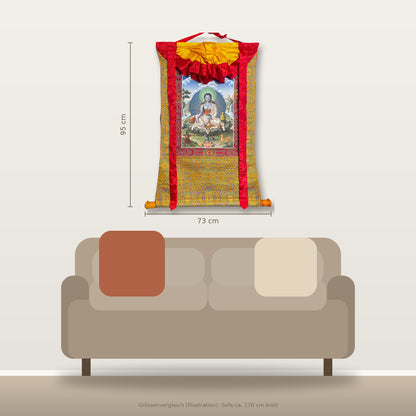 Milarepa thangka 73 x 95 cm size comparison above a sofa