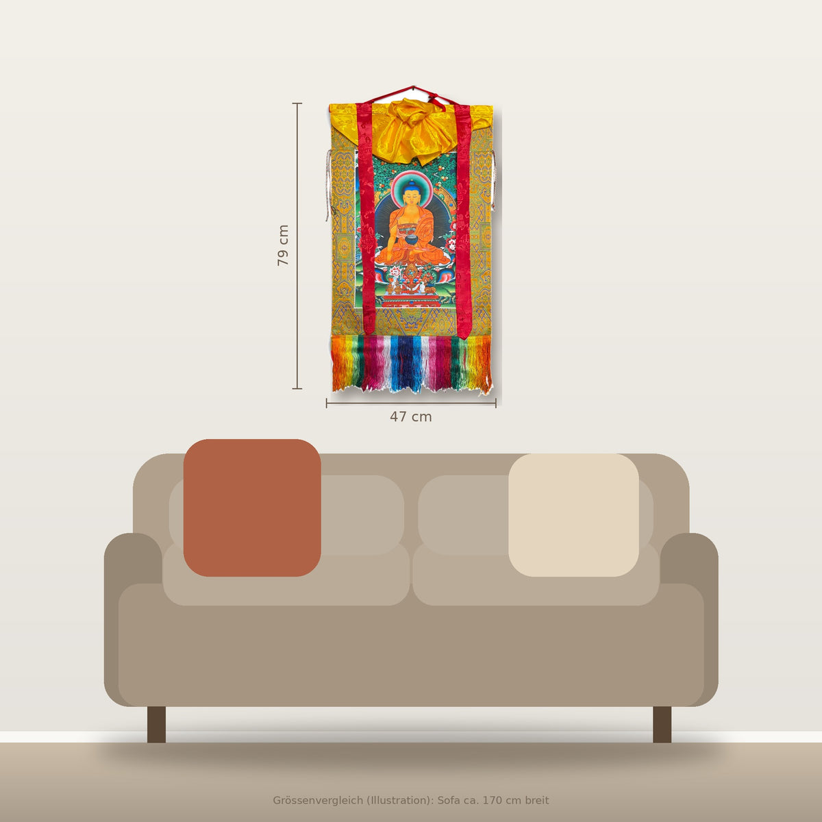 Thangka Bouddha Shakyamuni 47 x 79 cm au-dessus d'un canapé, comparaison de taille dans la pièce