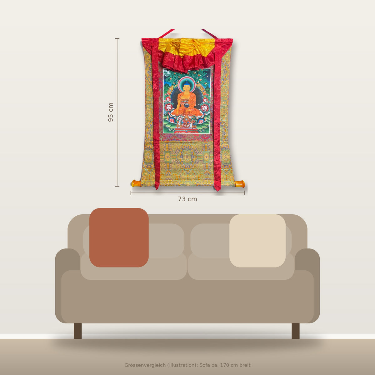 Thangka Bouddha Shakyamuni 73 x 95 cm, comparaison de taille avec un canapé