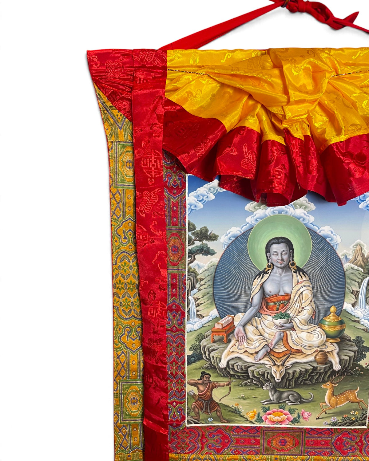 Milarepa thangka, top detail with yellow silk apron and red hanging cord