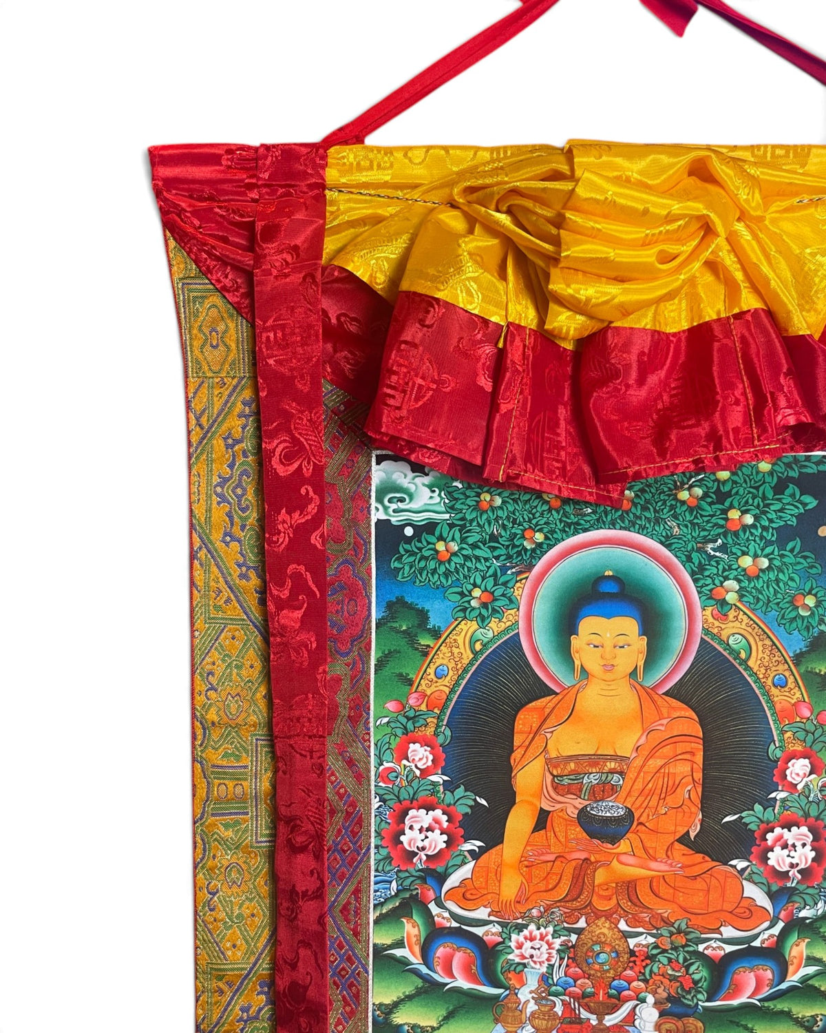 Thangka Bouddha Shakyamuni, détail du haut avec tablier de soie jaune et cordon de suspension