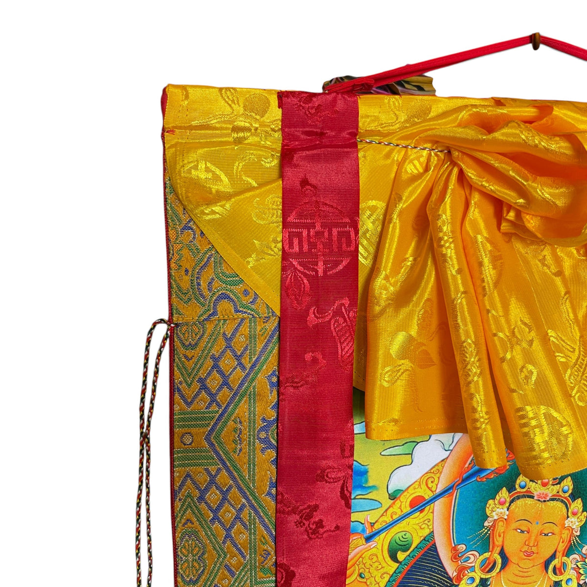 Thangka Manjushri, détail du tablier de soie et du cordon de suspension – Himalaya Vibes