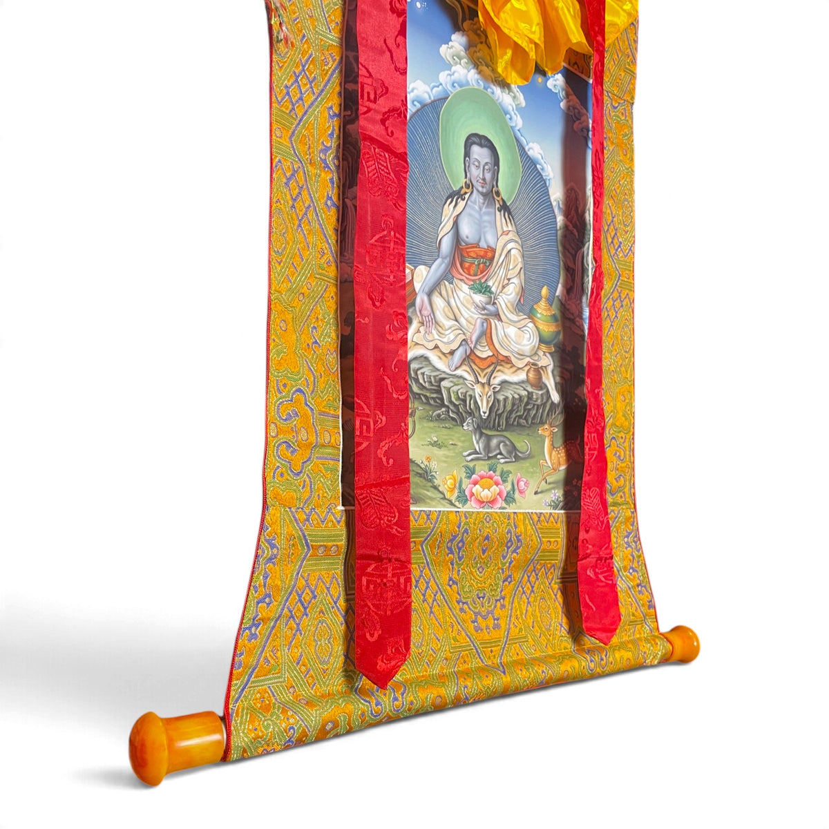 Milarepa thangka, bottom detail with rod and yellow brocade