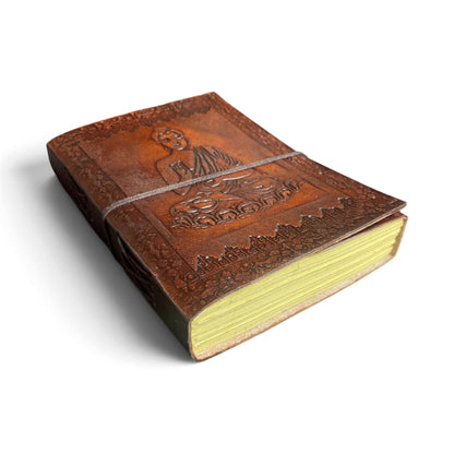 Buddha leather journal – close-up of the embossing and leather texture
