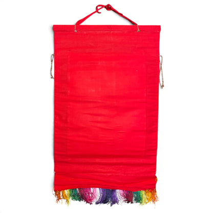 Retro del thangka Buddha della Medicina in cotone rosso con frange