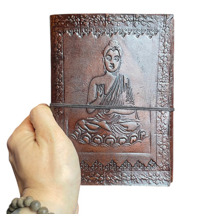 Buddha leather journal in hand – size comparison, Himalaya Vibes Bern