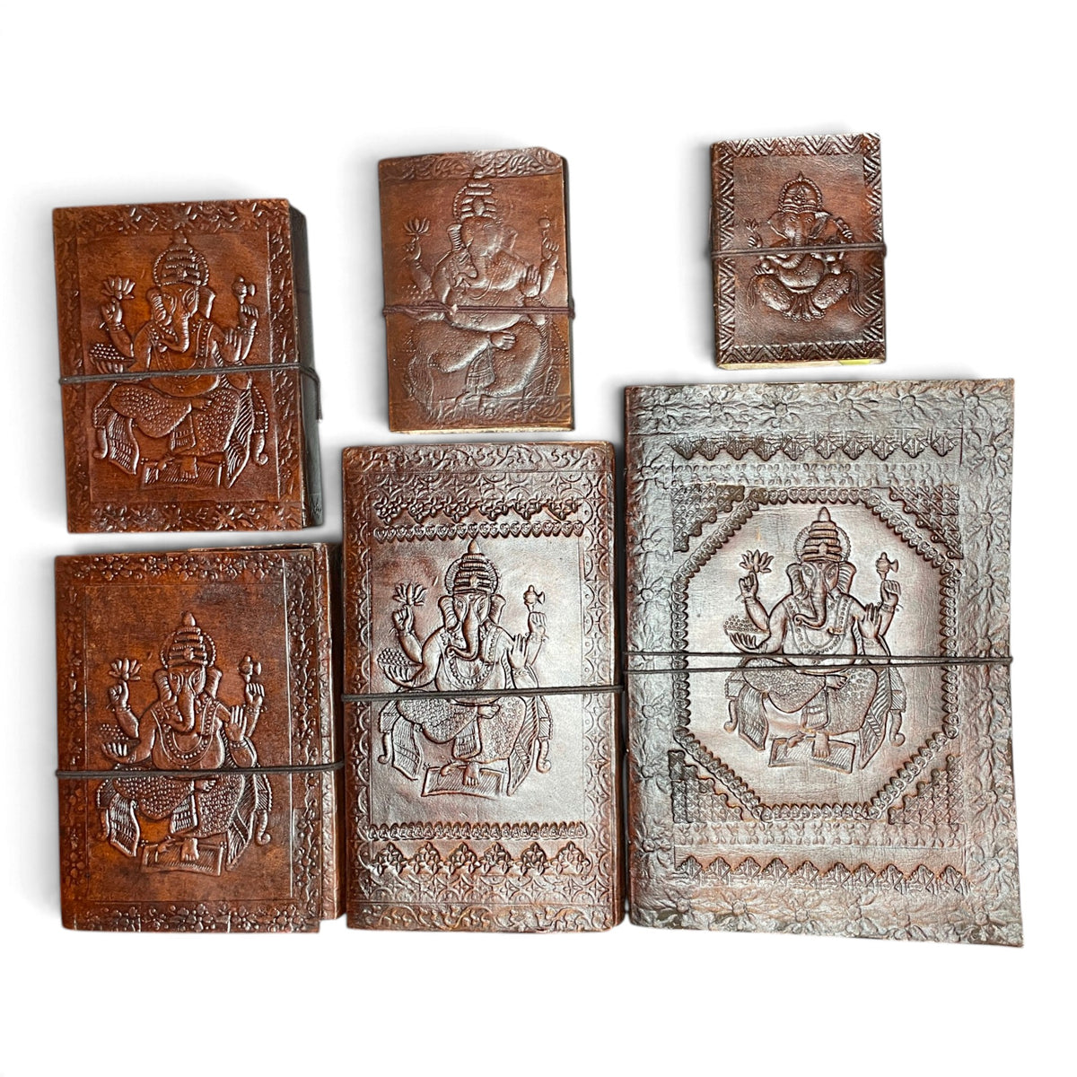 Ganesha leather journal – close-up of the embossing and leather texture
