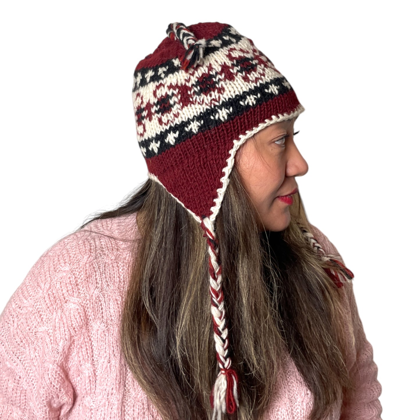 „Annapurna“ – Handgestrickte Nepal-Mütze mit Ohrenklappen tiefrot