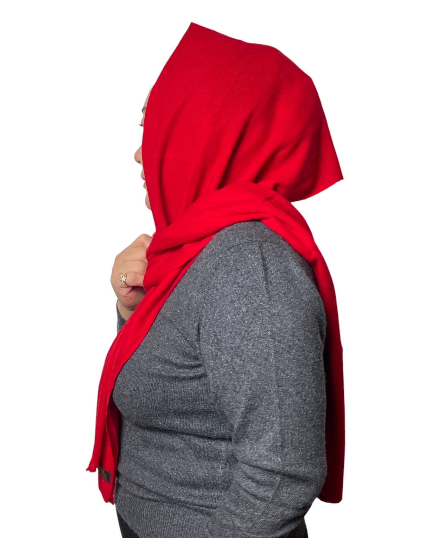 „Crimson Flame“ – Handgewebter Kaschmir-Schal aus Nepal seitlich