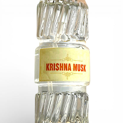 Detailansicht Krishna Musk Parfuem Spray Etikett Naturkosmetik aus Indien Himalaya Vibes Online Shop