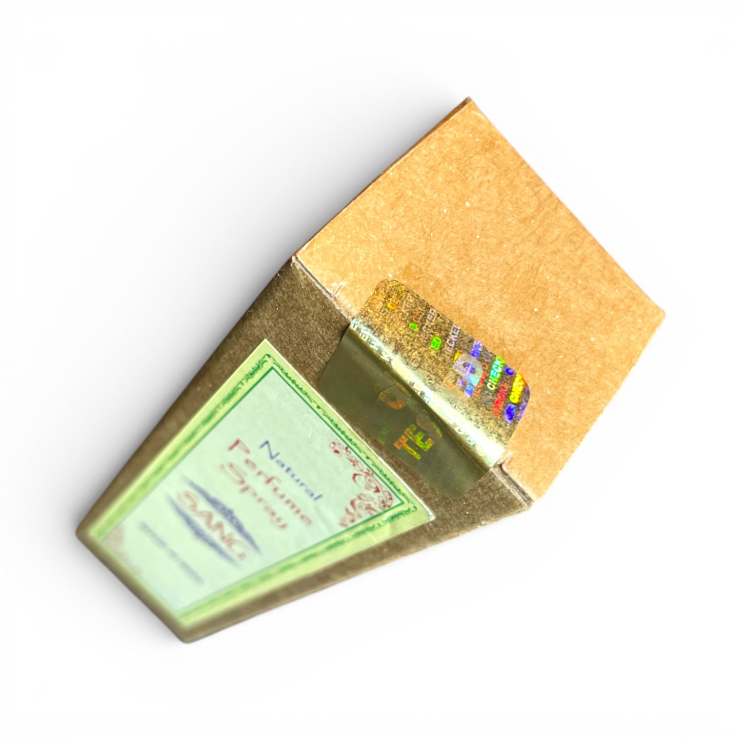 Draufsicht der braunen Kartonverpackung von SANG Parfuem mit Originalitaetssiegel und Label Natural Perfume Spray