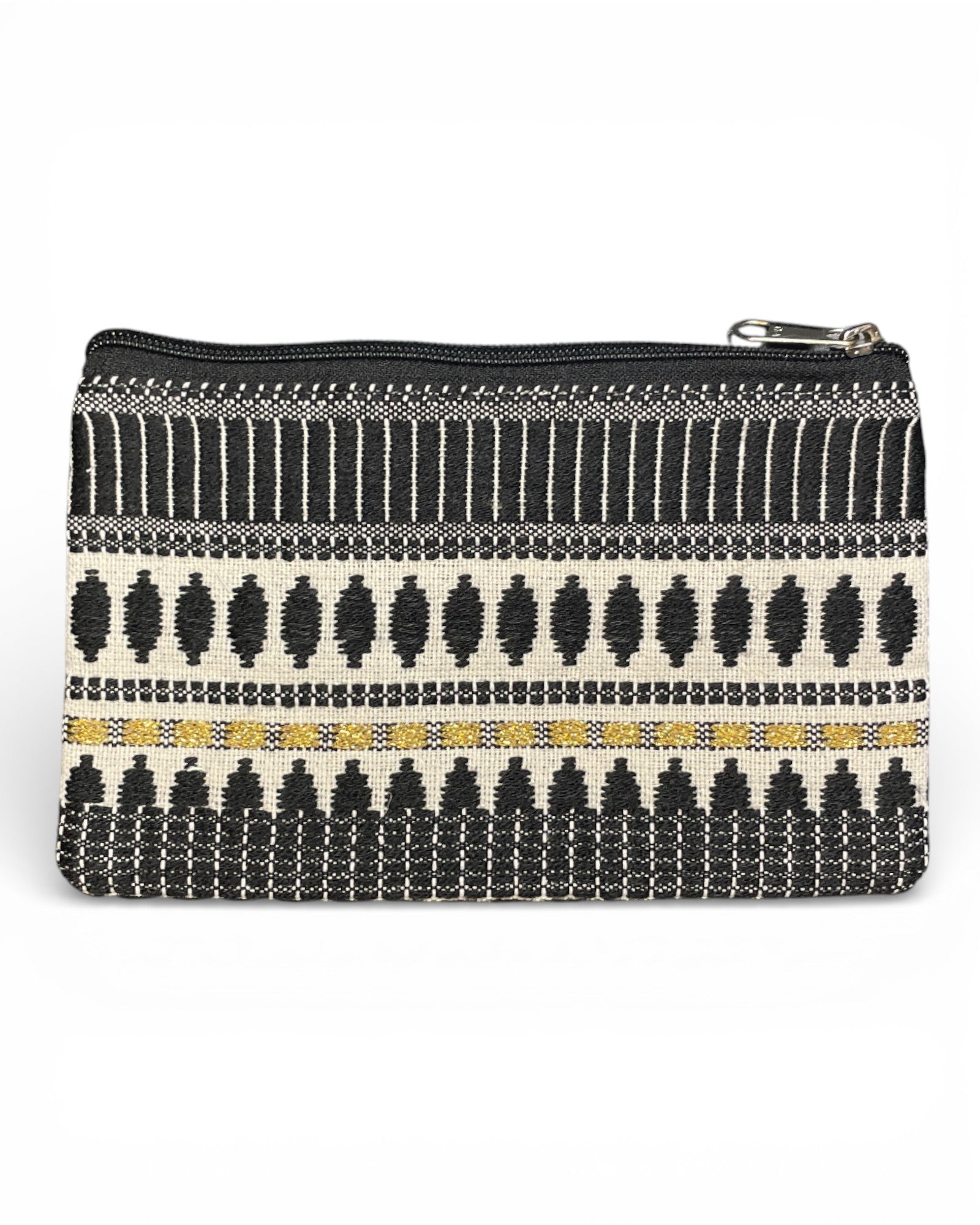 Elegante schwarz-weisse Web-Tasche mit goldenem Streifen, zeitloses Ethno-Design.