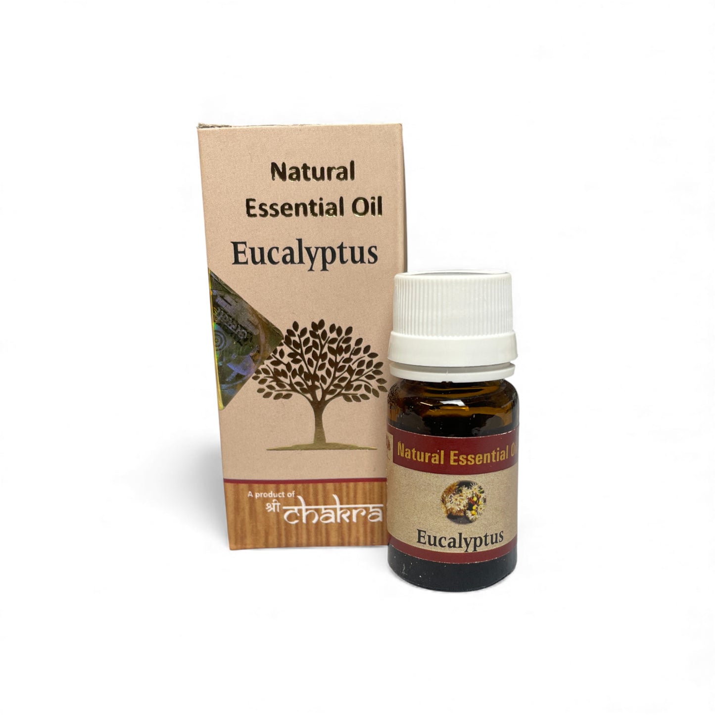 Eukalyptus – Chakra Natürliches ätherisches Öl 10 ml mit Flasche und Verpackung zusammen im Alltag, Himalaya Vibes Onlineshop